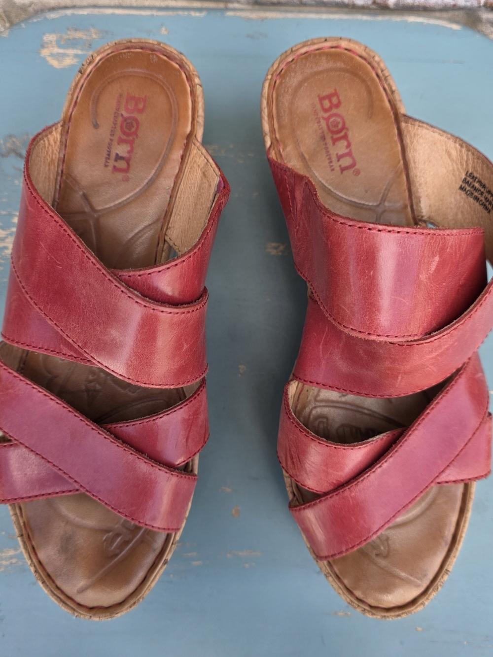 Born Pink Leather Cork Wedge Comfort Slide Sandals Size 7 - Picture 2 of 12